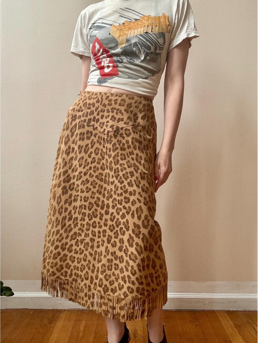 Vintage 1970s Leopard Print Suede Fringed Skirt